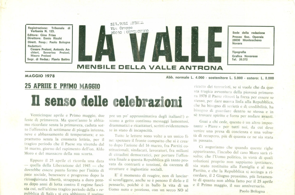 Giornale, rivista storica 1978 Mensile LA VALLE ANTRONA Celebrazioni del XXV APRILE e I MAGGIO Giornale 1