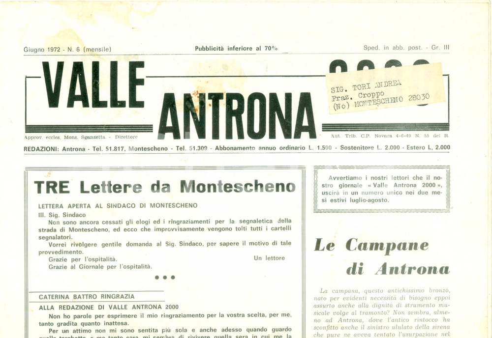 Giornale, rivista storica 1972 Mensile LA VALLE ANTRONA Le Campane di ANTRONA Giornale 1