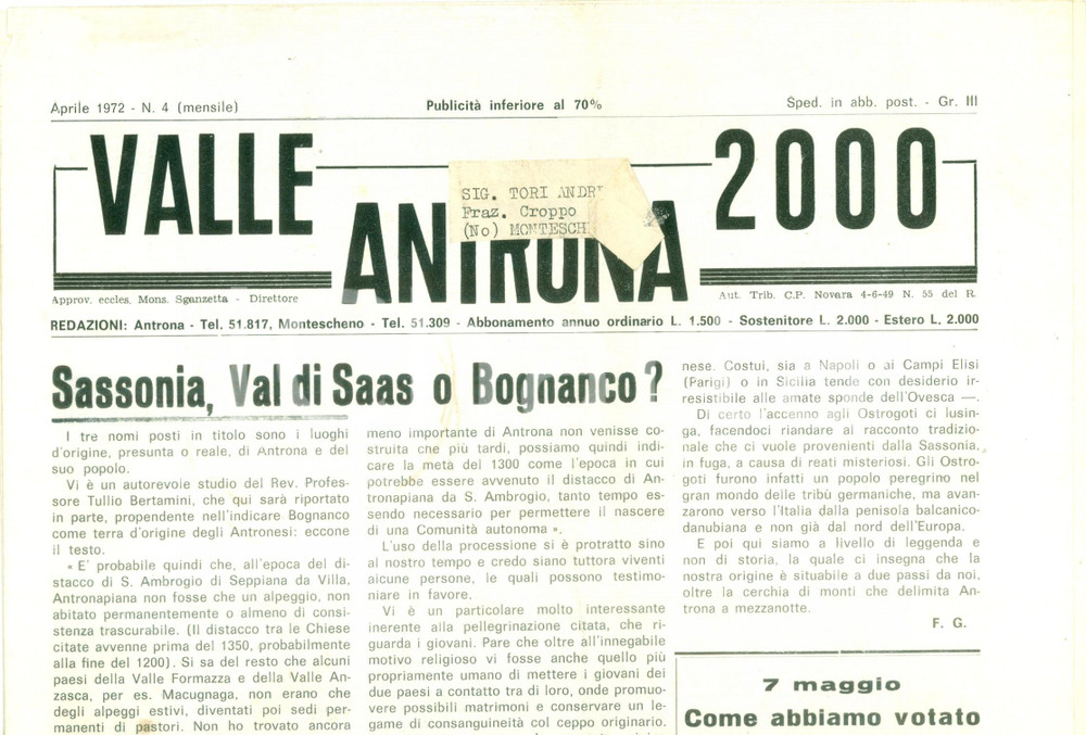 Giornale, rivista storica 1972 Mensile LA VALLE ANTRONA Sassonia, Val di SAAS o BOGNANCO Giornale 1
