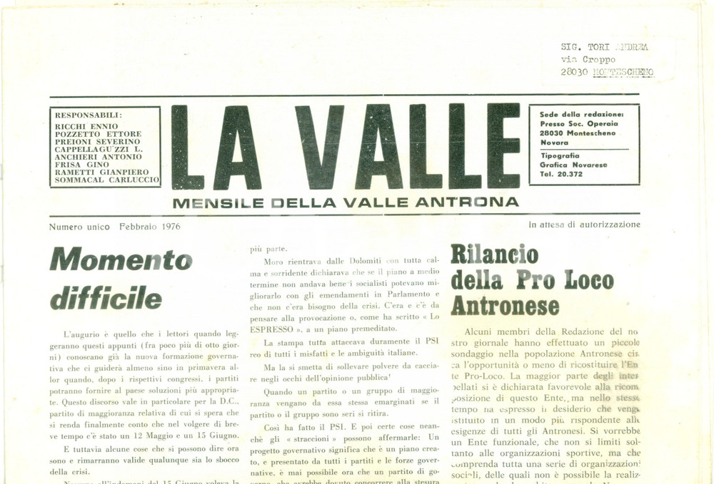 Giornale, rivista storica 1976 Mensile LA VALLE ANTRONA Rilancio della Pro Loco Antronese Rivista 1