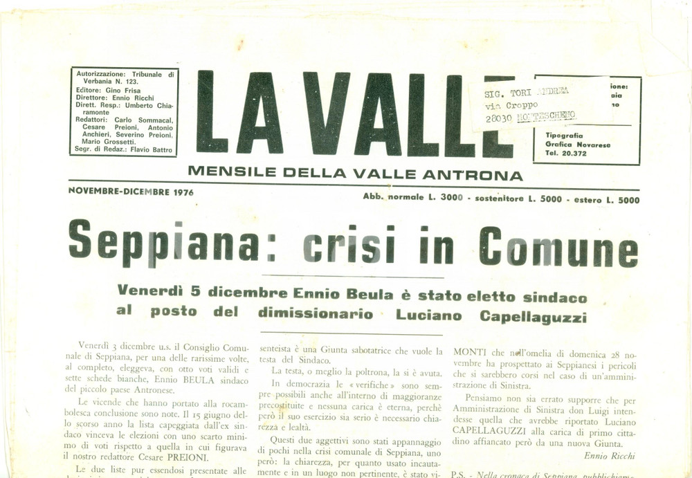 Giornale, rivista storica 1976 Mensile LA VALLE ANTRONA SEPPIANA Crisi in Comune Rivista 1