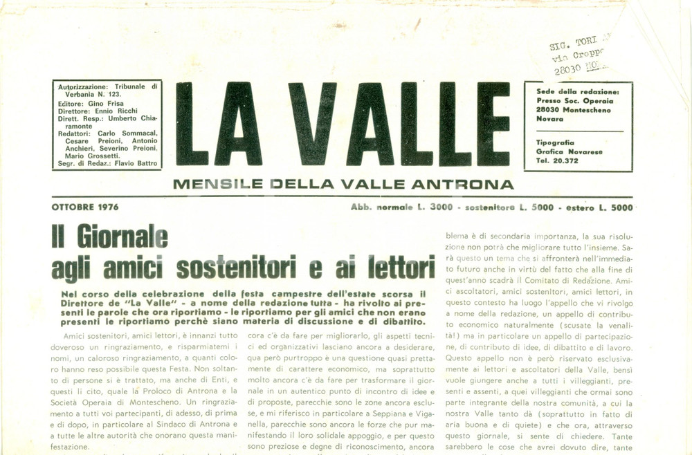 Giornale, rivista storica 1976 Mensile LA VALLE ANTRONA Società Operaia Mutuo Soccorso di MONTESCHENO 1