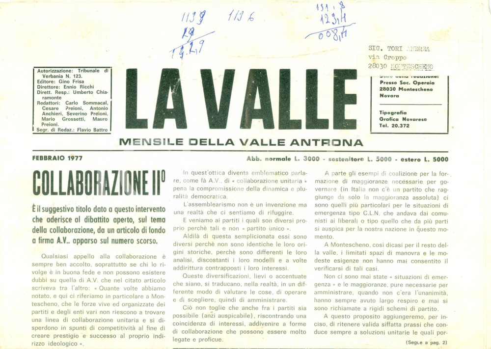 1977 Mensile LA VALLE ANTRONA A MONTESCHENO c'Ã¨ grande collaborazione *Rivista DATA: Febbraio 1977  TITOLO: LA VALLE A MONTESCHENO C'E' GRANDE COLLABORAZIONE  DESCRIZIONE: Rivista mensile d'epoca.  PAGINE: 10DIMENSIONI: cm 28 x 38  CONDIZIONI: mediocri (piegature diffuse).  Rivista d'epoca, originale, autentica.     originale e autentica 1
