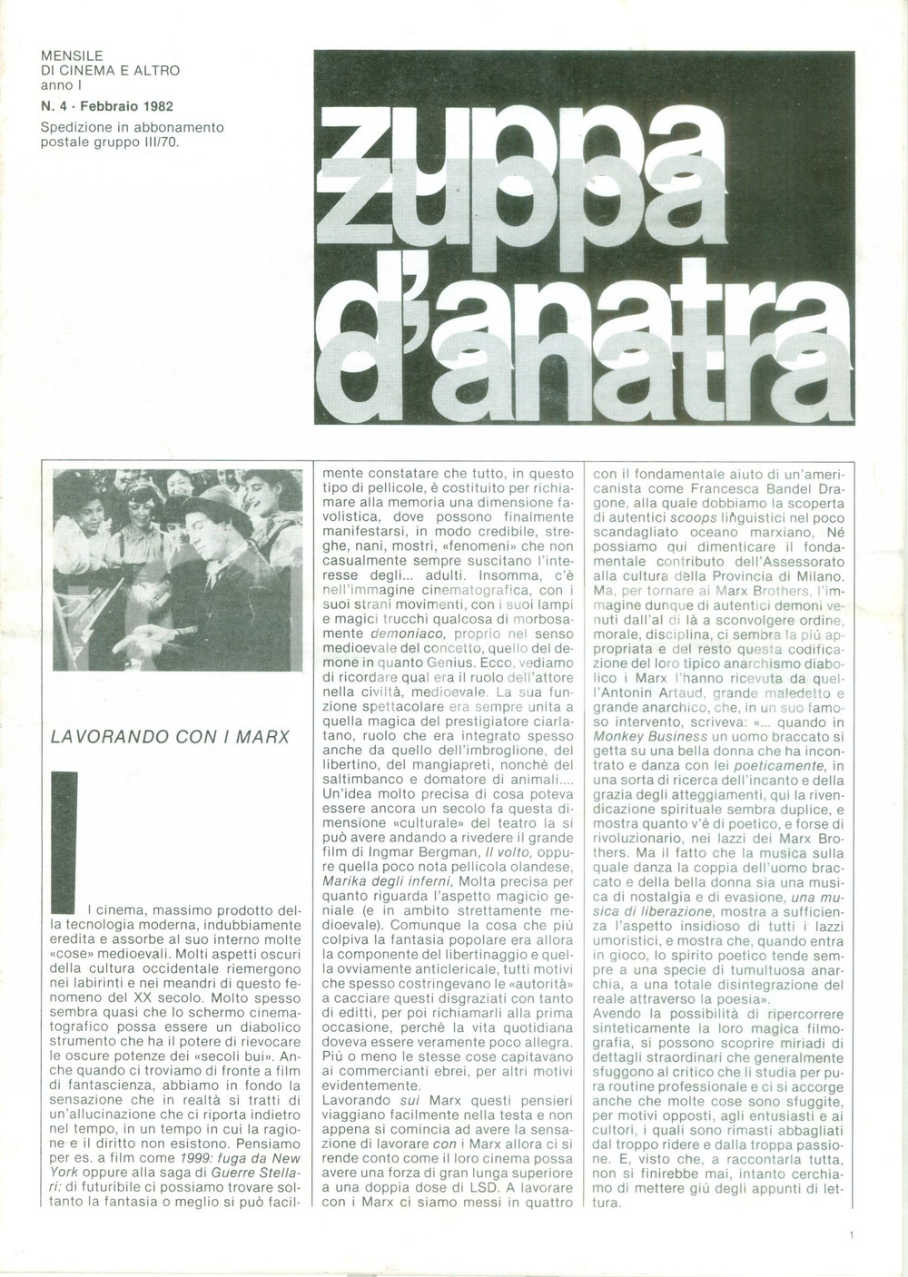 Giornale, rivista storica 1982 MILANO Obraz Cinestudio ZUPPA D ANATRA n.4 Fratelli MARX Rivista di cinema 1