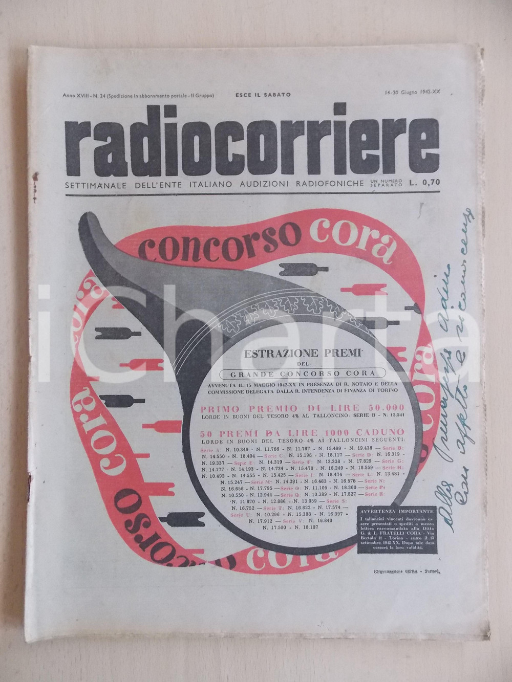 Giornale, rivista storica 1942 RADIOCORRIERE EIAR Estrazione concorso a premi CORA Rivista ILLUSTRATA 1