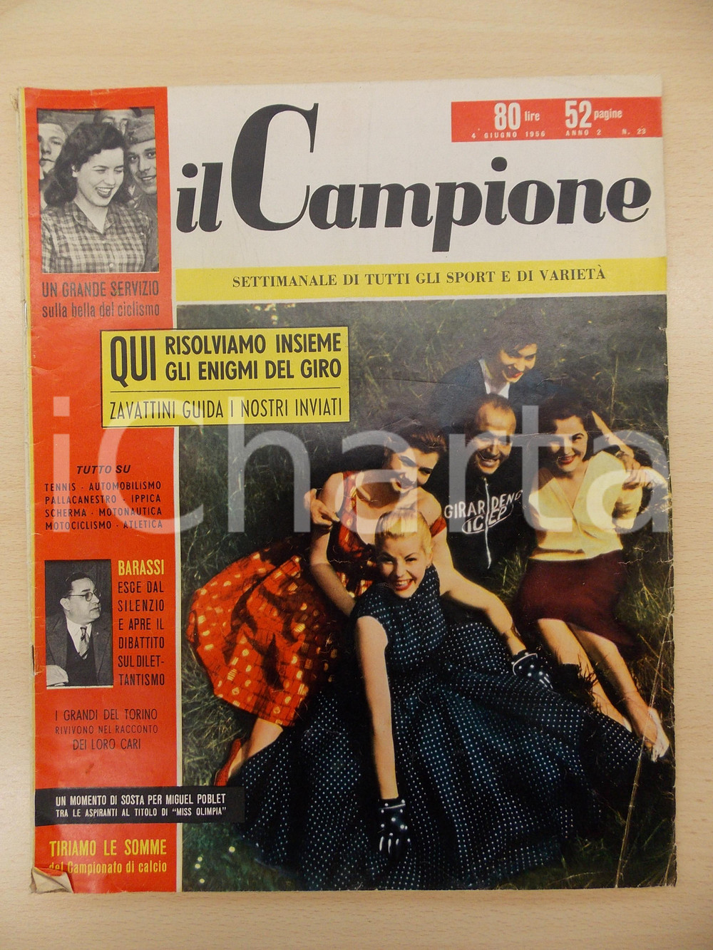 Giornale, rivista storica 1956 IL CAMPIONE Cesare ZAVATTINI al Giro d ITALIA Rivista ILLUSTRATA 1