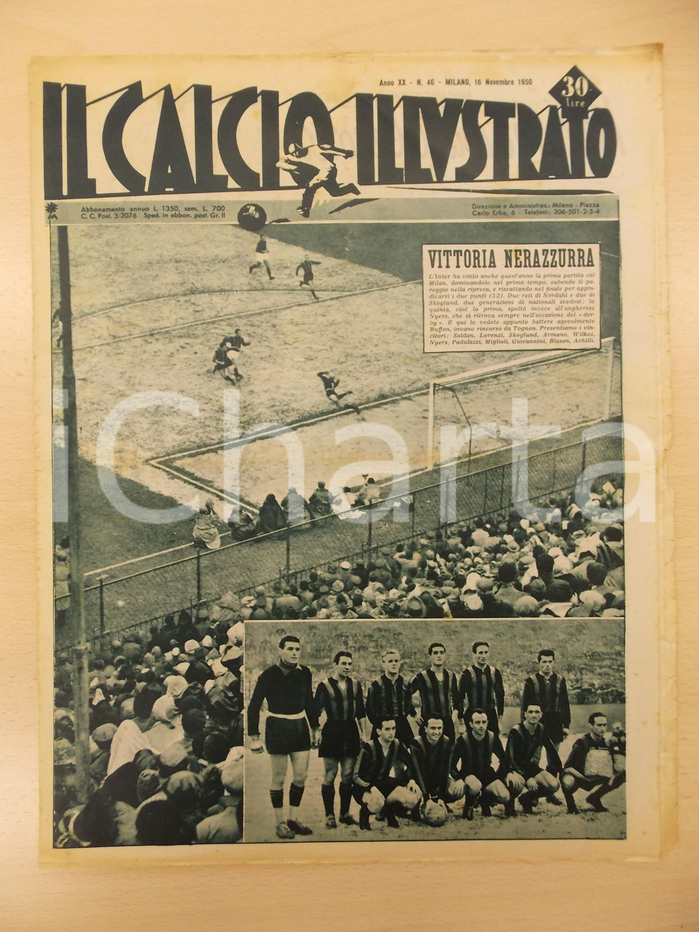 Giornale, rivista storica 1950 IL CALCIO ILLUSTRATO INTER Vittoria nerazzurra vs MILAN Rivista XX n. 46 1