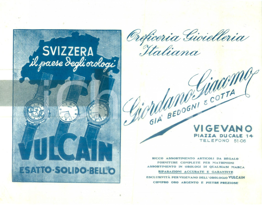 Materiale pubblicitario d’epoca 1945 ca VIGEVANO PV Oreficeria Gioielleria Italiana Giacomo GIORDANO Vulcain 1