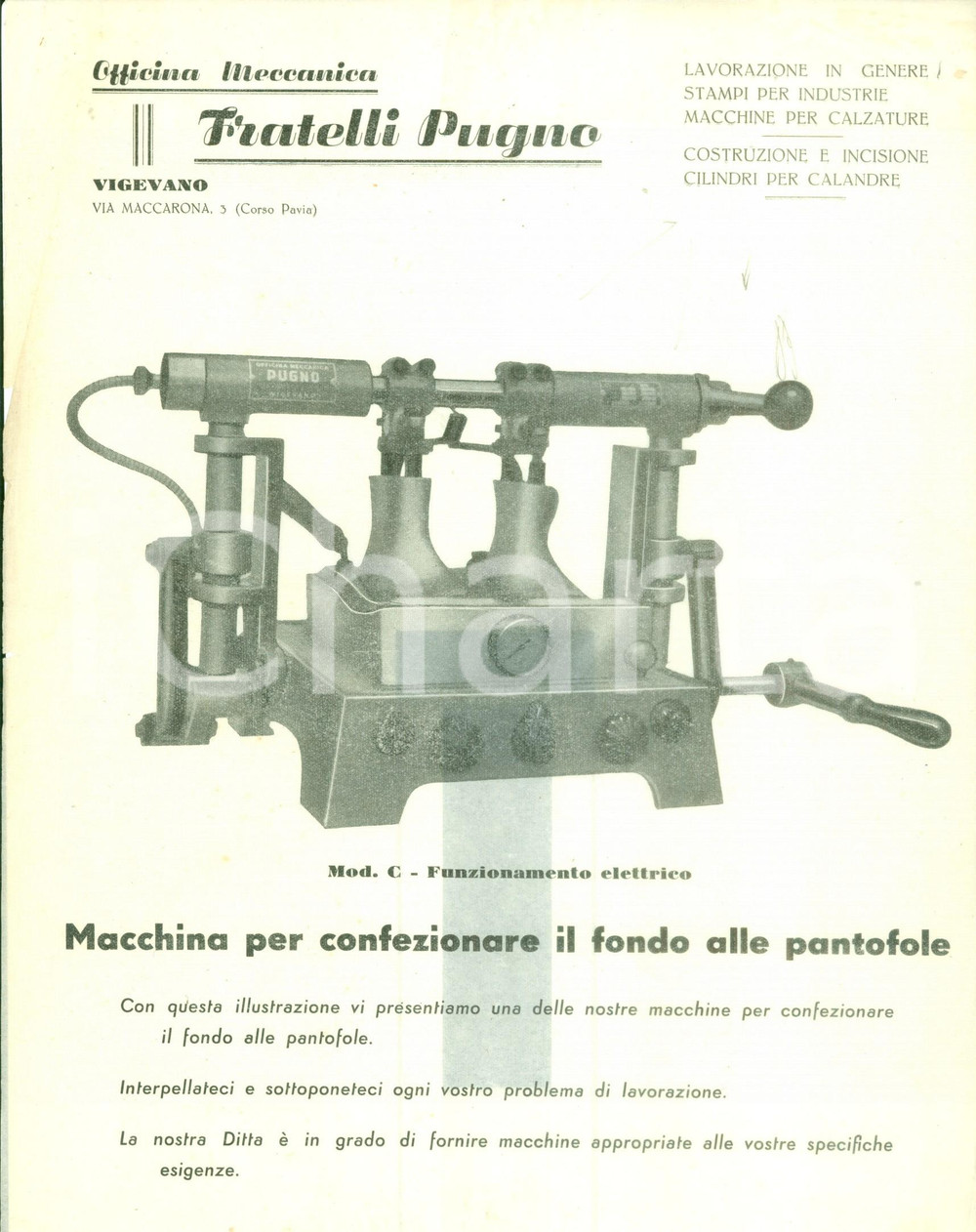 Materiale pubblicitario d’epoca 1930 ca VIGEVANO Fratelli PUGNO Volantino macchina per confezionare pantofole 1