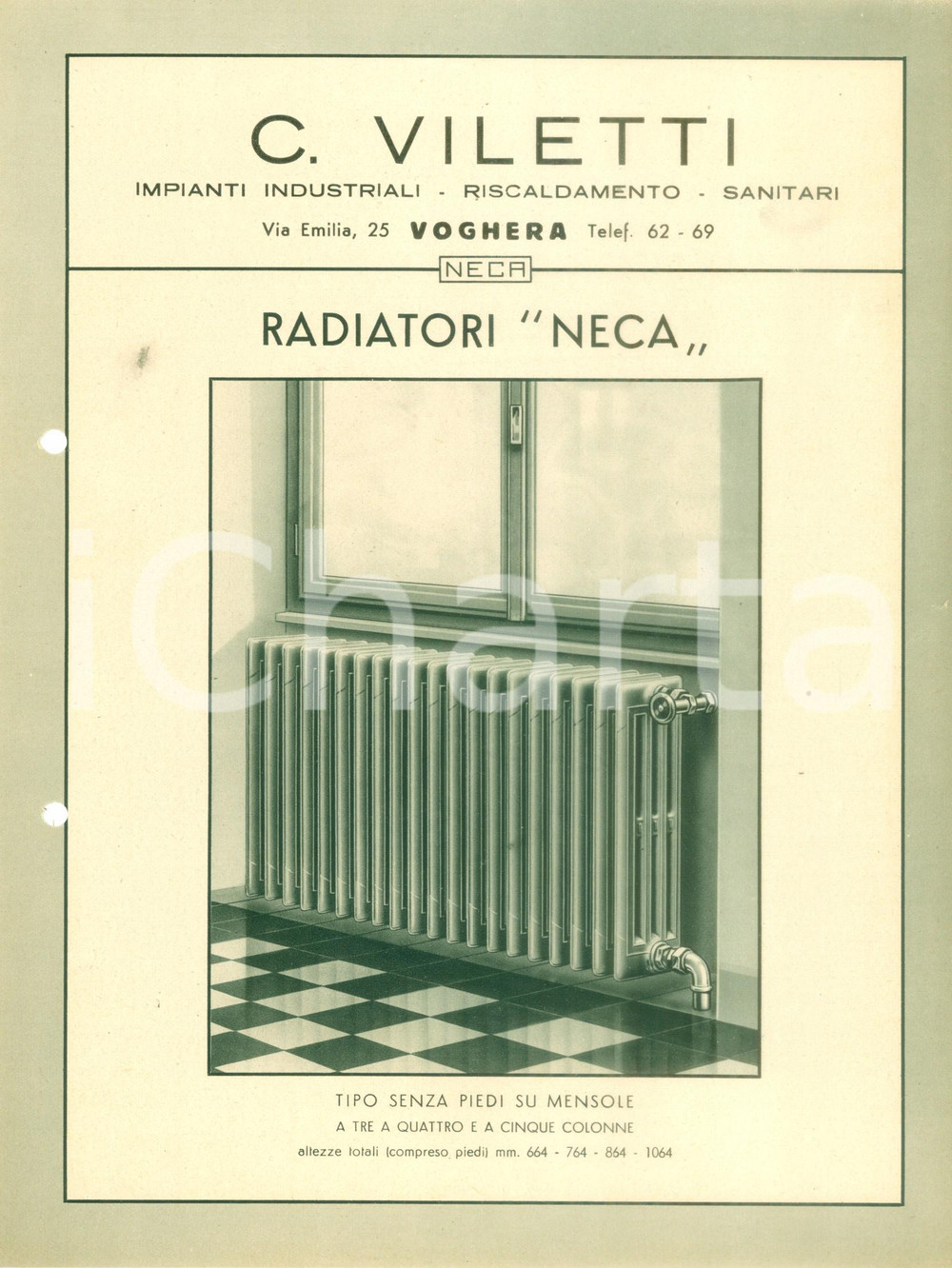 Materiale pubblicitario d’epoca 1935 VOGHERA PV Impianti industriali VILETTI Radiatore NECA Scheda ILLUSTRATA 1