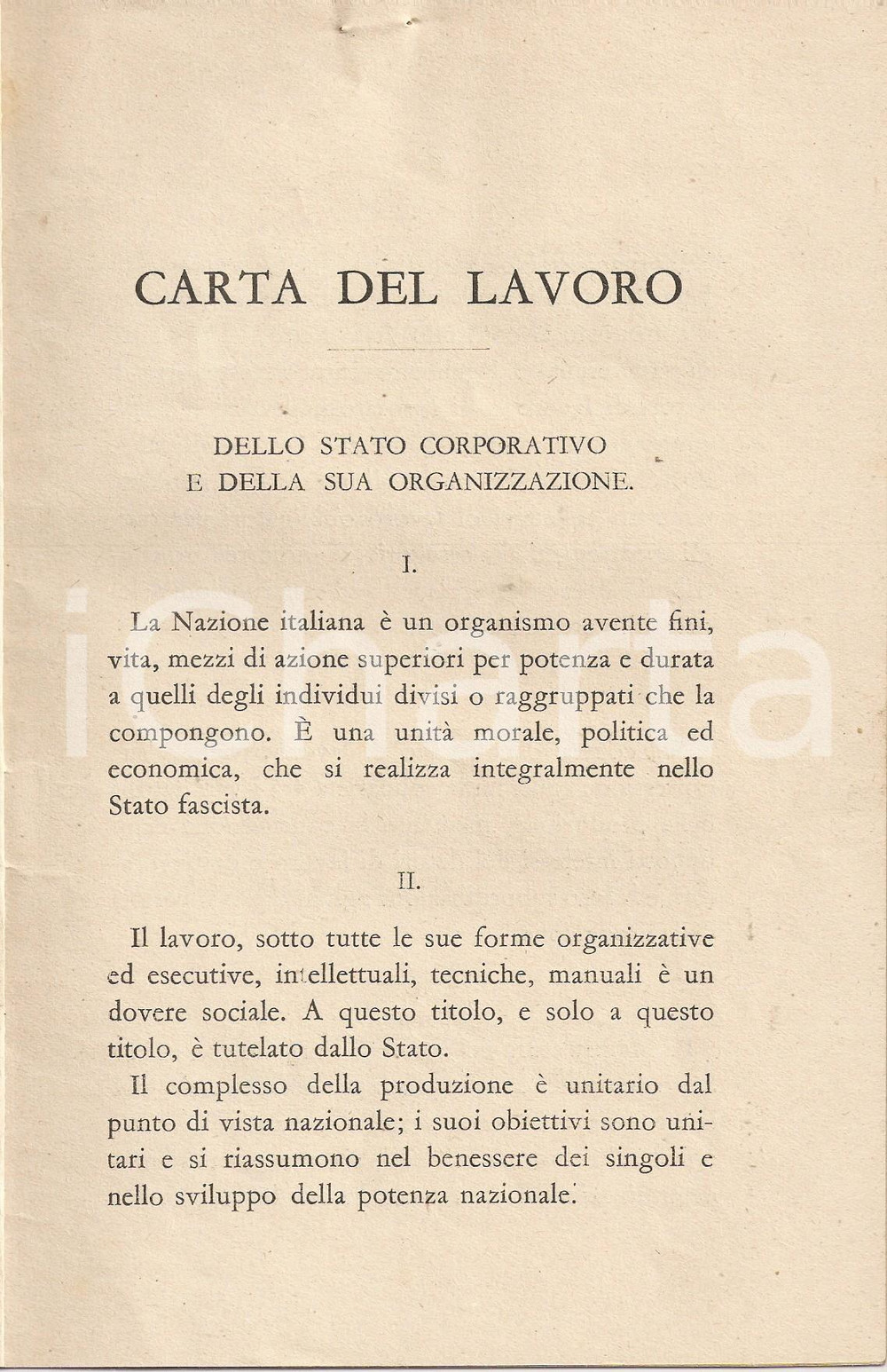 Documento originale, autentico 1928 MINISTERO DELLE CORPORAZIONI Carta del Lavoro dello Stato corporativo 1
