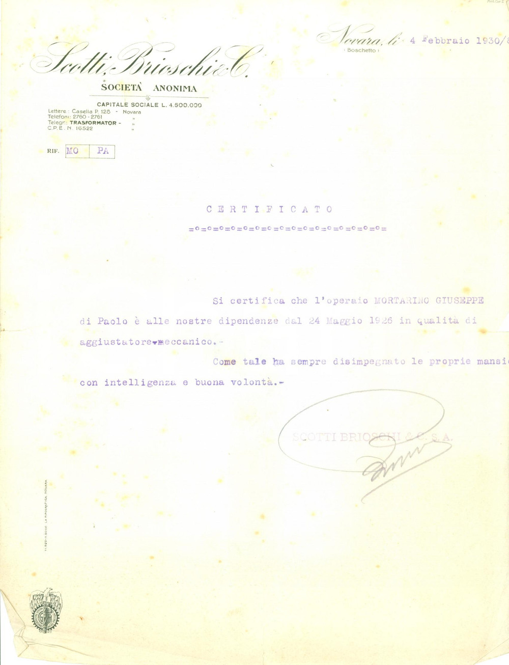 Documento originale, autentico 1930 NOVARA SocietÃ  Anonima SCOTTI BRIOSCHI & C. Documento DANNEGGIATO 1