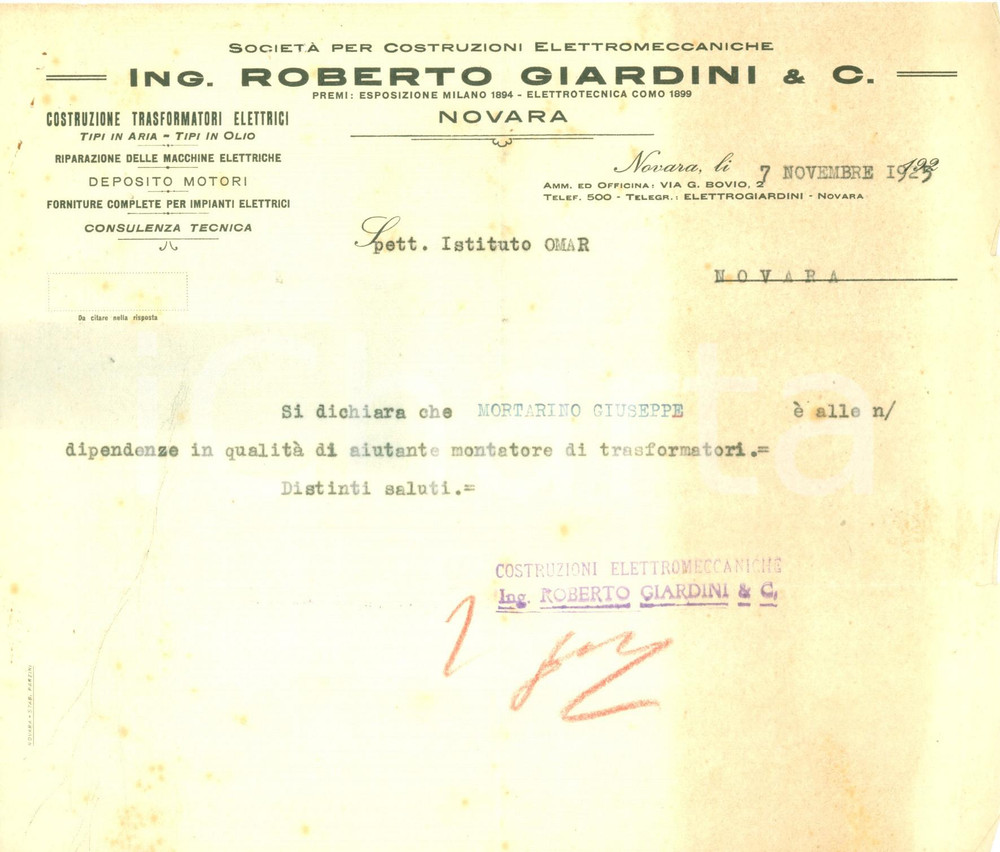 Documento originale, autentico 1925 NOVARA Costruzioni Elettromeccaniche Roberto GIARDINI Documento 1