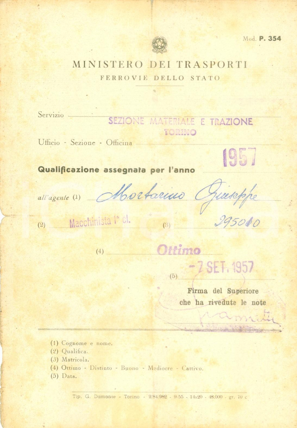 Documento originale, autentico 1957 TORINO FERROVIE DELLO STATO Giuseppe MORTARINO macchinista ottimo Documento 1