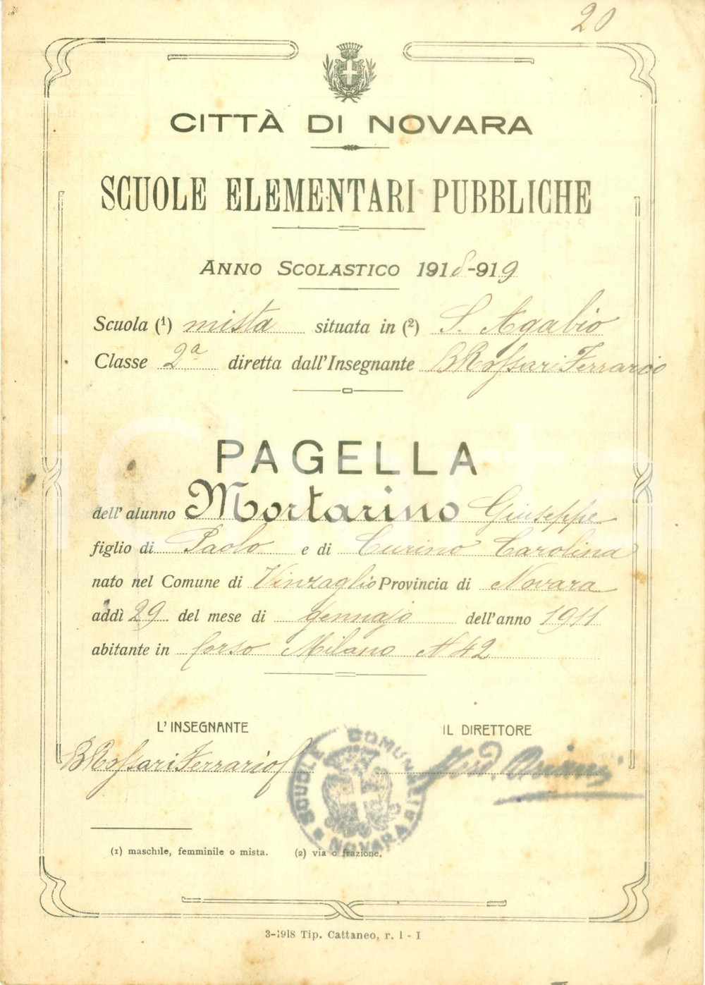 Oggetto da collezione cartaceo 1919 NOVARA Scuole elementari pubbliche Giuseppe MORTARINO Pagella scolastica 1