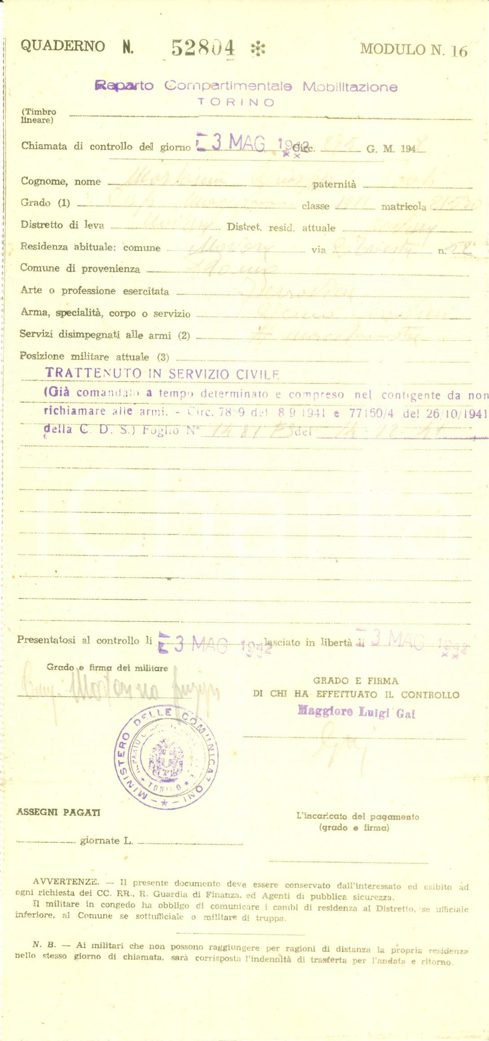 Documento originale, autentico 1942 NOVARA WW2 Giuseppe MORTARINO trattenuto in servizio civile Documento 1