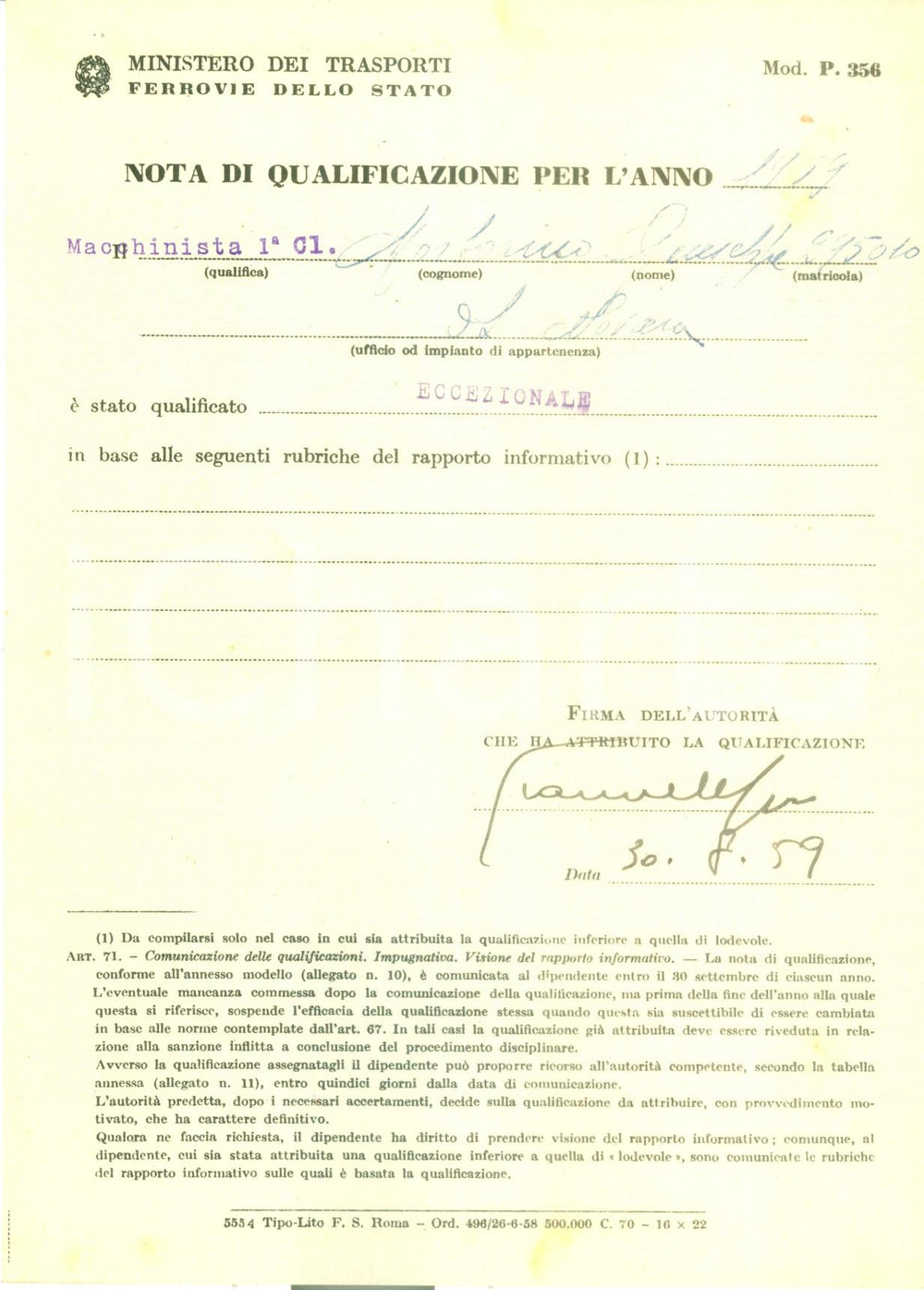 Documento originale, autentico 1959 NOVARA FERROVIE DELLO STATO Giuseppe MORTARINO macchinista eccezionale 1