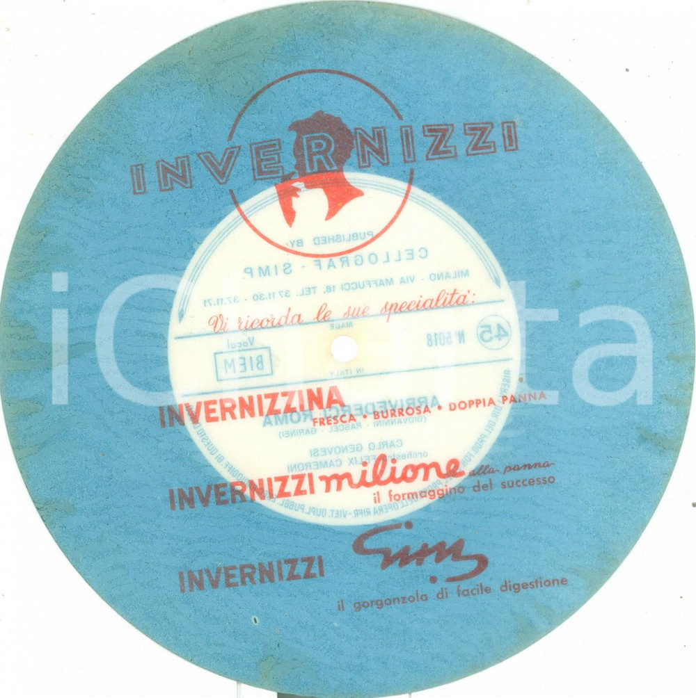 Oggetto da collezione cartaceo 1960 ca Carlo GENOVESI Arrivederci ROMA Vinile 45 giri Formaggino INVERNIZZI 1