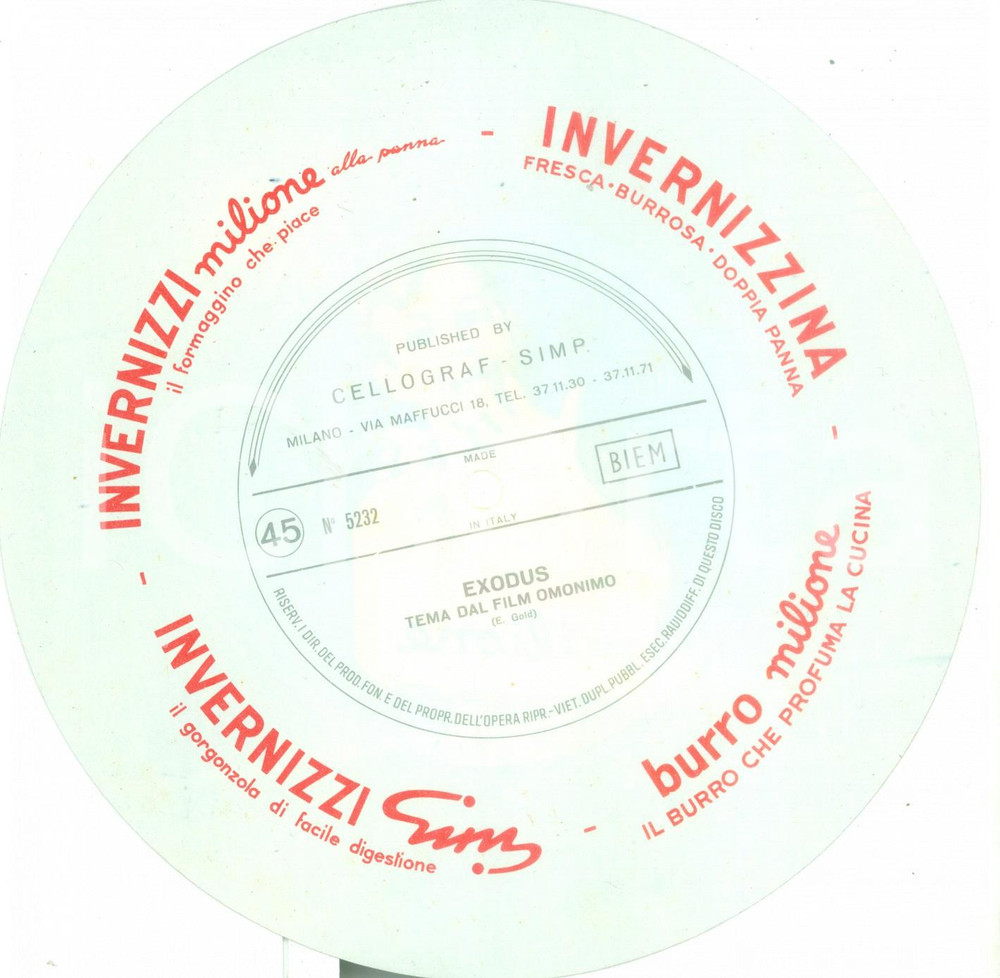 Oggetto da collezione cartaceo 1960 ca Ernest GOLD Exodus Vinile 45 giri Formaggino INVERNIZZI MILIONE 1