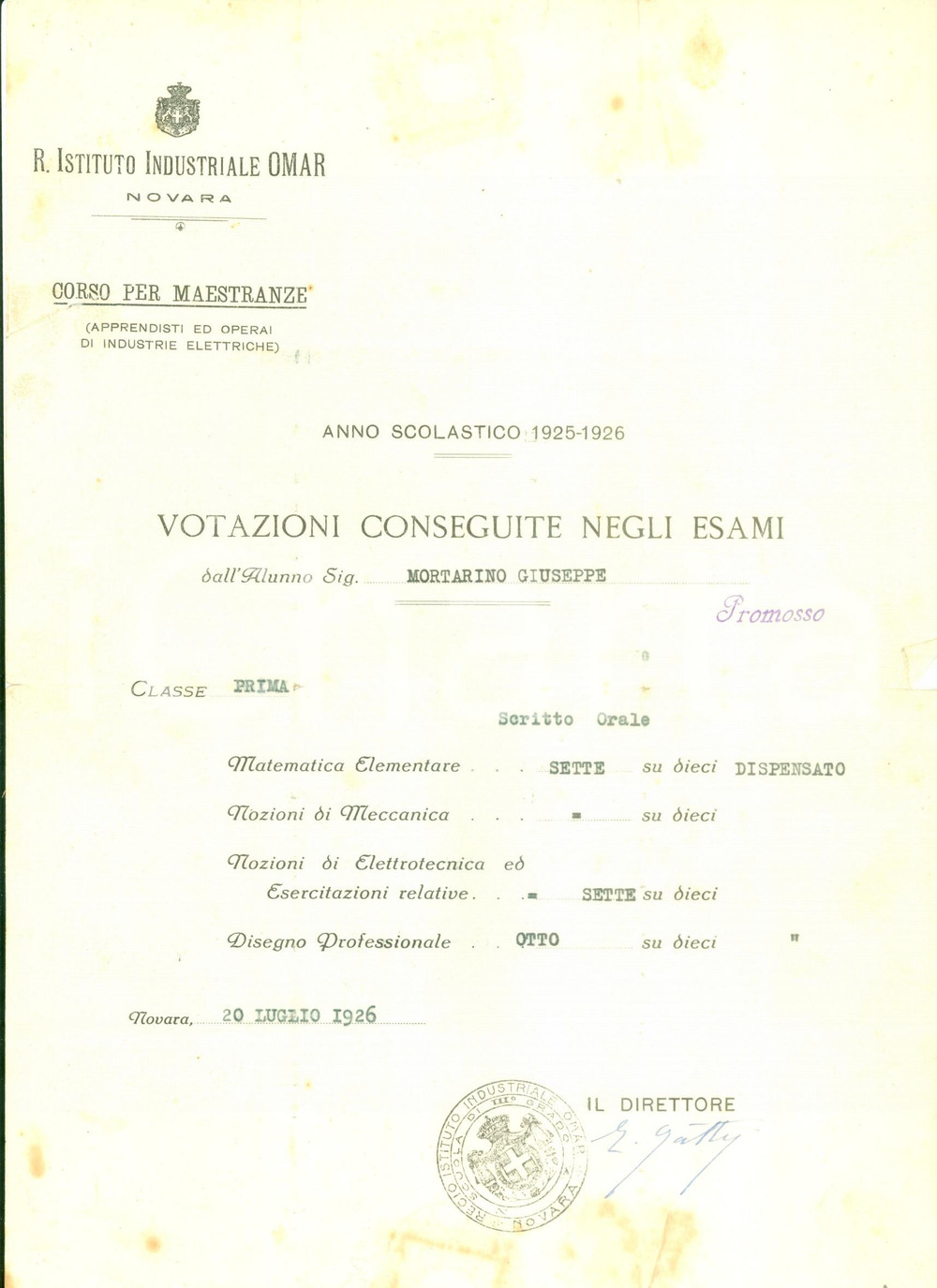 Documento originale, autentico 1926 NOVARA R. Istituto Industriale OMAR Giuseppe MORTARINO Corso per maestranze 1