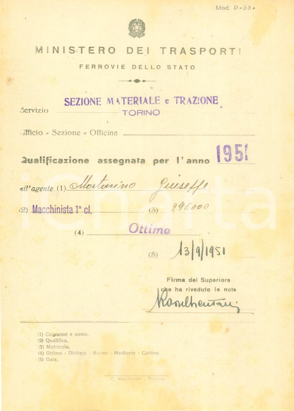 Documento originale, autentico 1951 TORINO FERROVIE DELLO STATO Giuseppe MORTARINO macchinista ottimo Documento 1