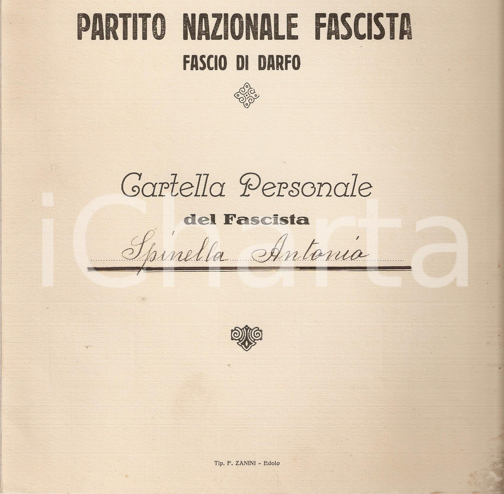 Documento originale, autentico 1925 ca DARFO BOARIO TERME BS Partito Nazionale Fascista Antonio SPINELLA 1