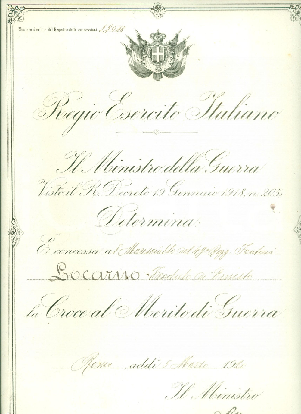 Documento originale, autentico 1920 ROMA Maresciallo Teodulo LOCARNO Croce al Merito di Guerra Decreto 1