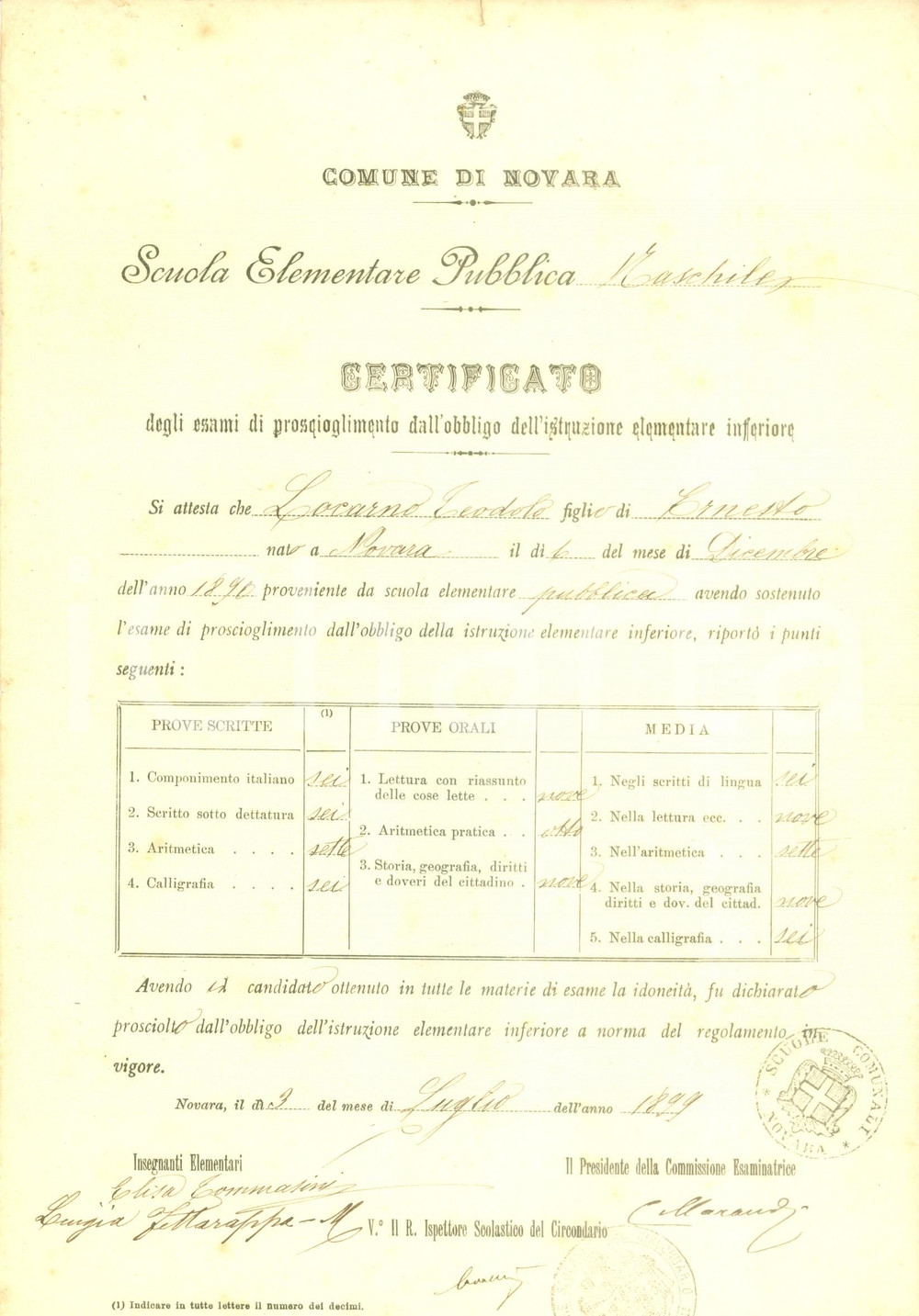 Documento originale, autentico 1899 NOVARA Scuola elementare pubblica maschile Teodulo LOCARNO Certificato 1
