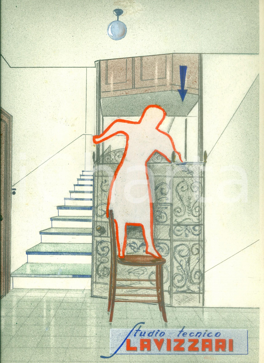 Stampa, bozzetto originale 1950 ca MILANO Antinfortunistica Sicurezza per ascensore DISEGNATO A MANO 1