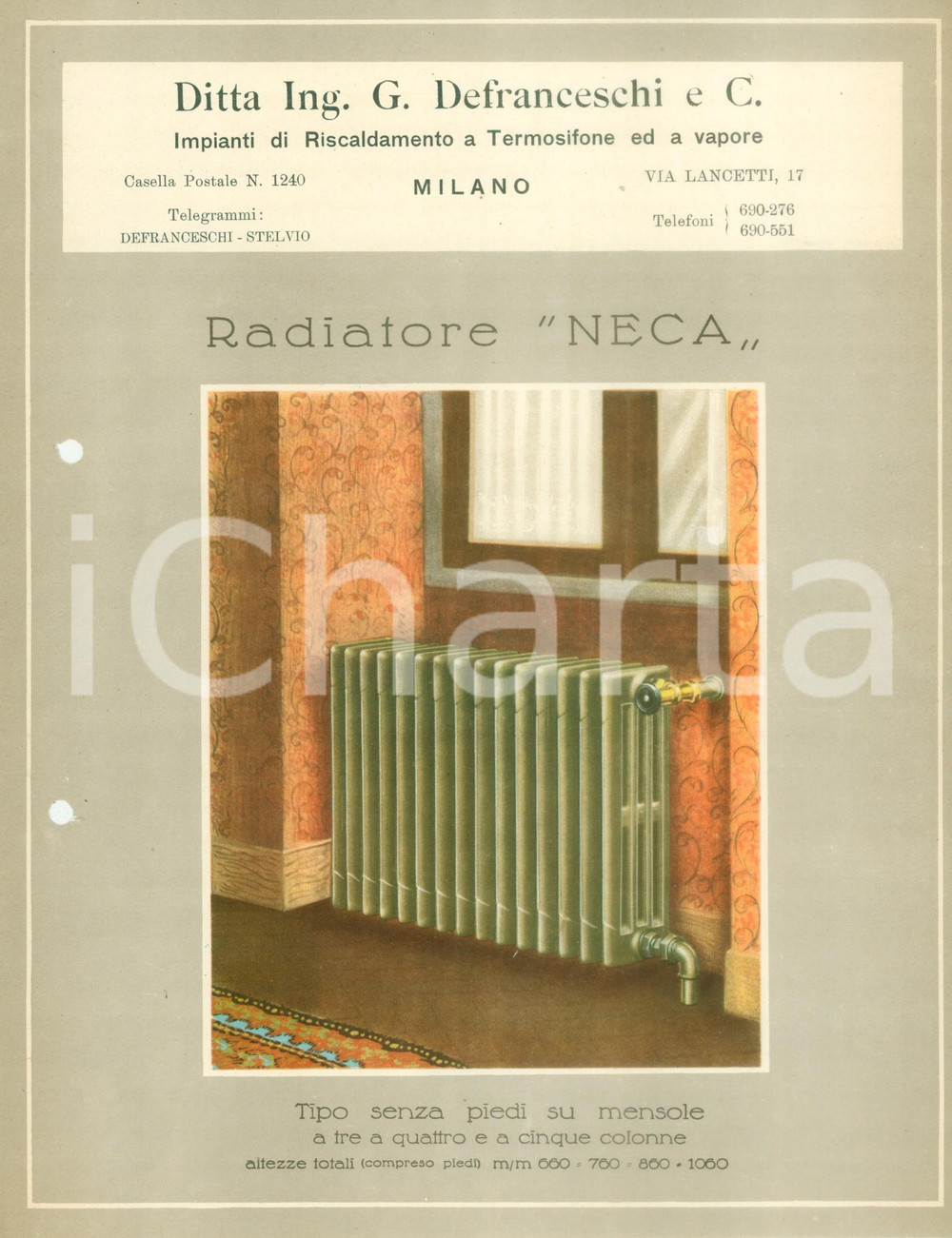 Materiale pubblicitario d’epoca 1935 ca MILANO Ing. DEFRANCESCHI Radiatore NECA Scheda tecnica ILLUSTRATA 1