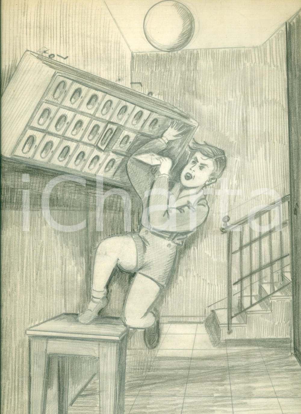 Stampa, bozzetto originale 1950 ca MILANO Antinfortunistica Attenti a cassette della posta DISEGNATO A MANO 1