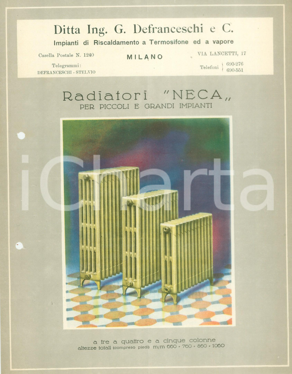 Materiale pubblicitario d’epoca 1935 ca MILANO Ing. DEFRANCESCHI Radiatori NECA Scheda tecnica ILLUSTRATA 1