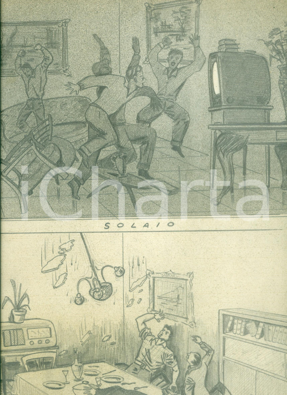 Stampa, bozzetto originale 1950 ca MILANO Antinfortunistica Attenzione ai balli in casa DISEGNATO A MANO 1