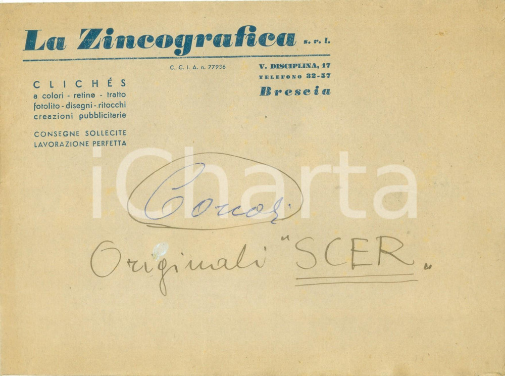 Materiale pubblicitario d’epoca 1950 ca BRESCIA ClichÃ©s LA ZINCOGRAFICA Busta intestata priva di contenuto 1