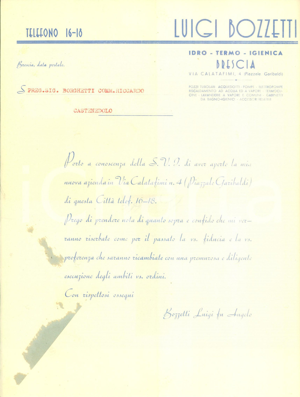 Documento originale, autentico 1935 ca BRESCIA Luigi BOZZETTI Idrotermoigienica apre nuova attivitÃ  Lettera 1