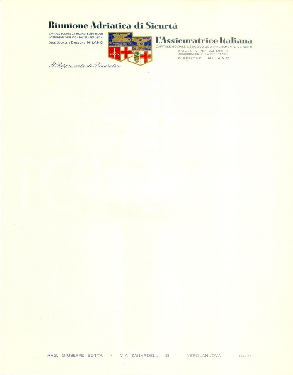 Materiale pubblicitario d’epoca 1935 ca VEROLANUOVA BS Riunione Adriatica di SicurtÃ  Carta intestata bianca 1