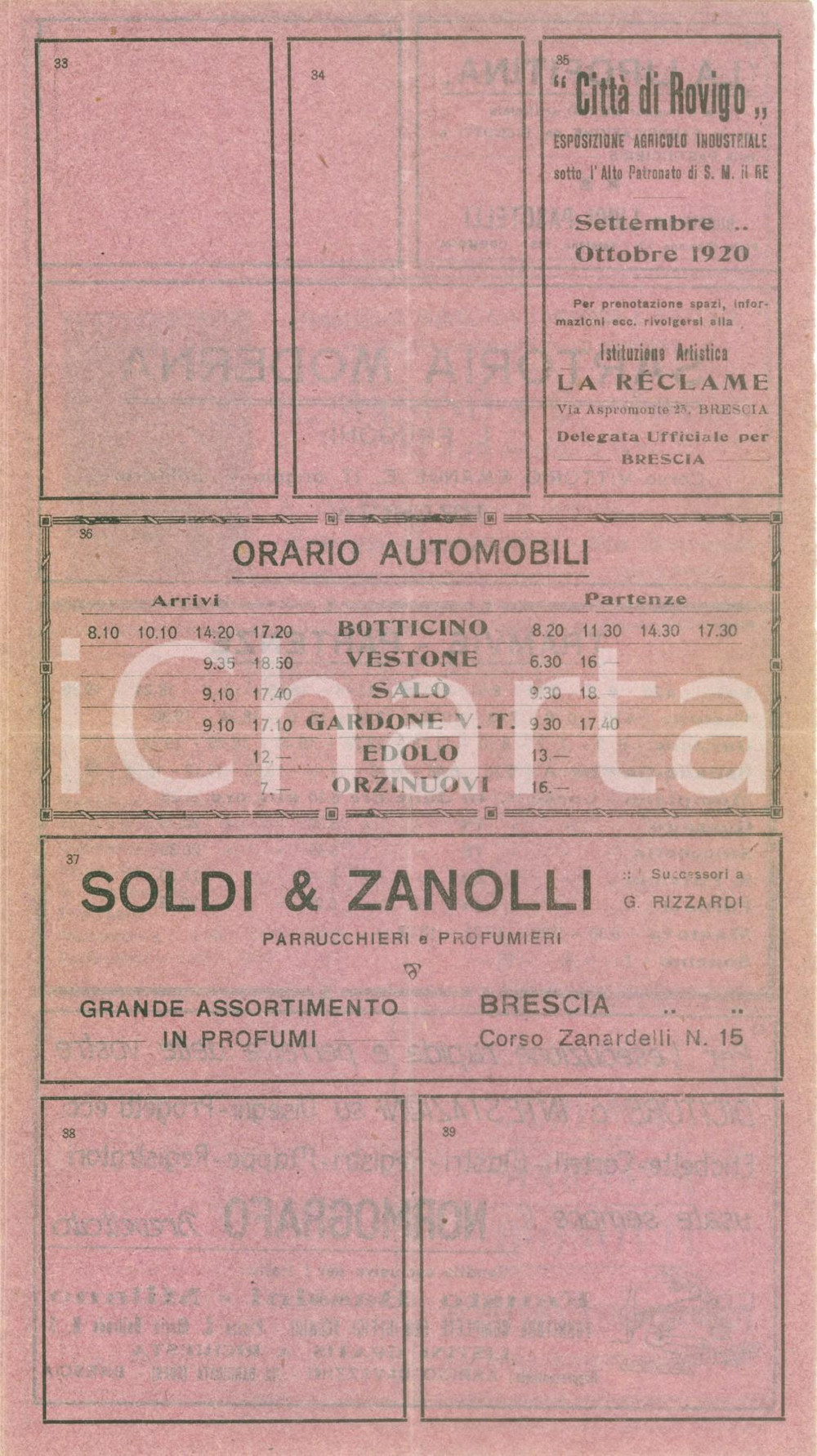 Documento originale, autentico 1920 ROVIGO Esposizione Agricolo Industriale Orari automobili e tramvie 1