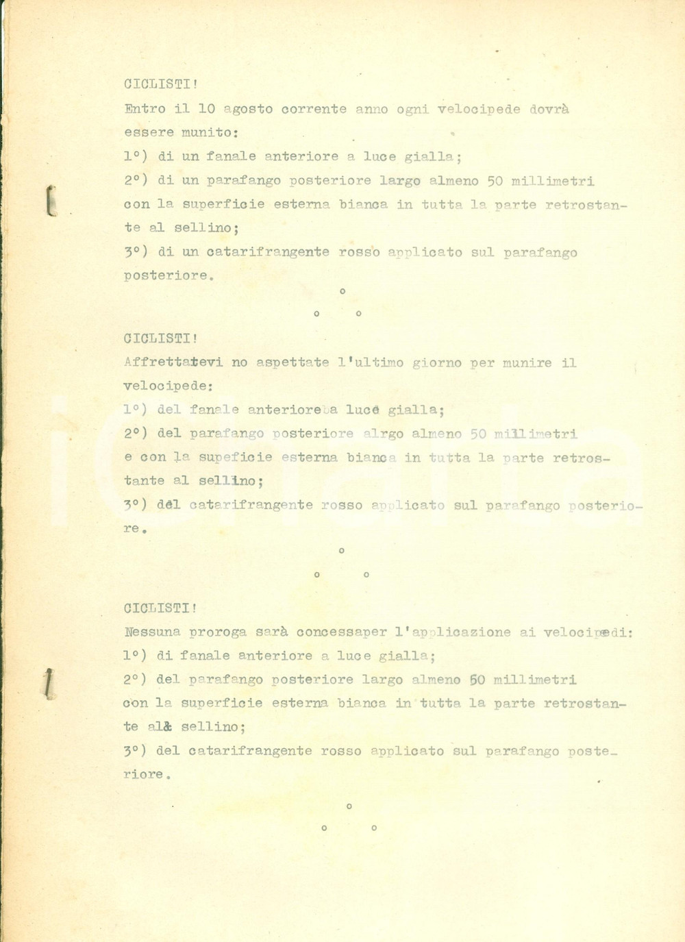 Documento originale, autentico 1950 ca SICUREZZA STRADALE Norme per ciclisti Dattiloscritto prove per volantini 1