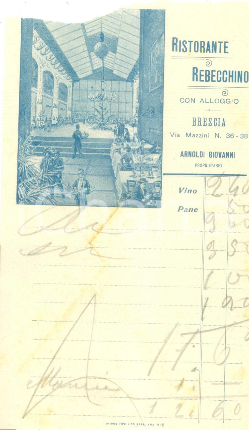 Materiale pubblicitario d’epoca 1930 ca BRESCIA Ristorante REBECCHINO con alloggio Ricevuta DANNEGGIATA 1