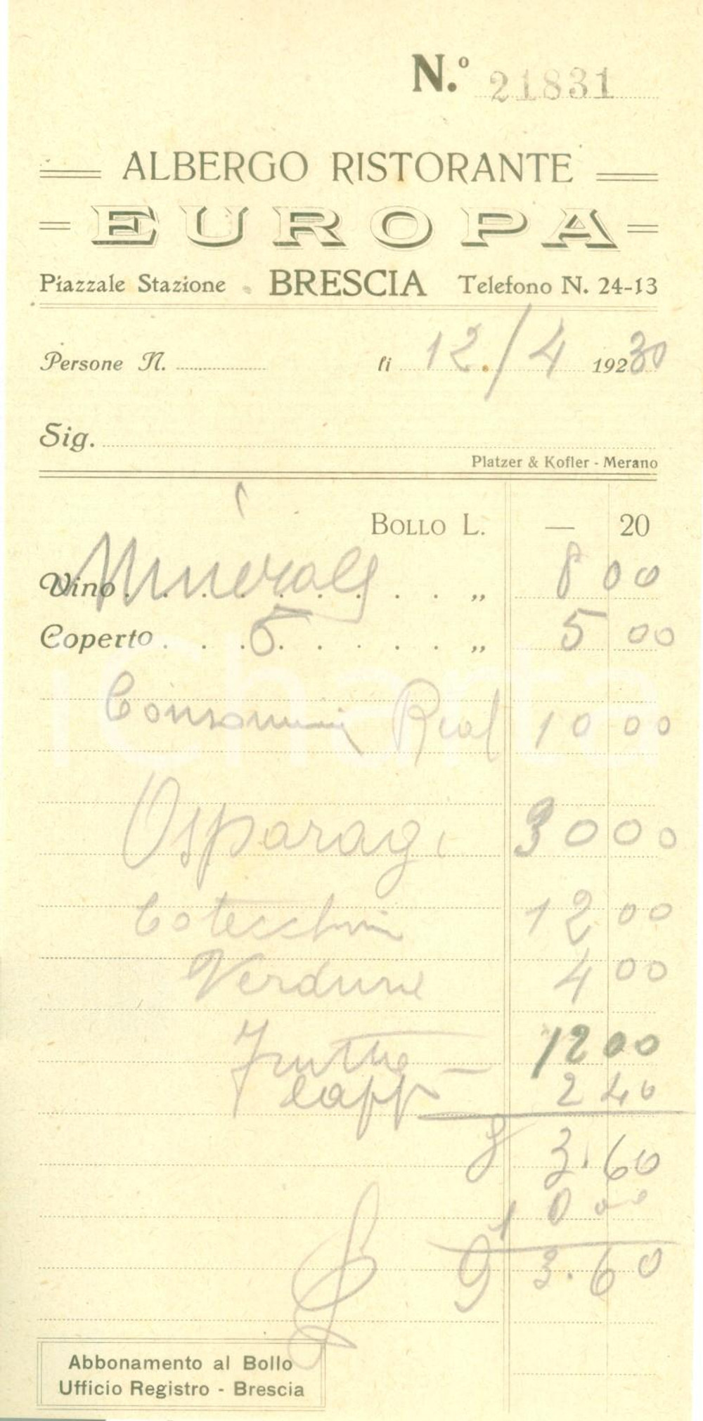 Materiale pubblicitario d’epoca 1930 ca BRESCIA Albergo ristorante EUROPA Ricevuta del pranzo 1