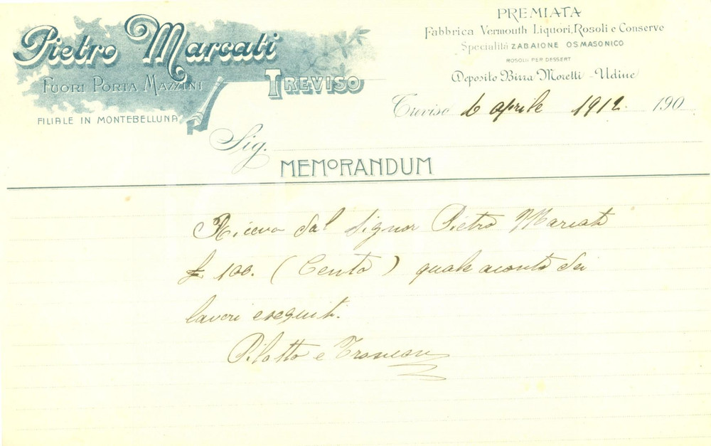 Documento originale, autentico 1912 TREVISO Fabbrica vermouth Pietro MARCATI SpecialitÃ  zabaione Ricevuta 1