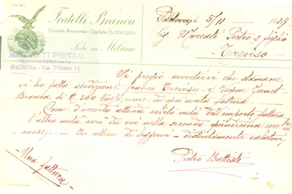 Documento originale, autentico 1919 PADOVA Ditta BRANCA invia casse di FERNET Lettera commerciale 1
