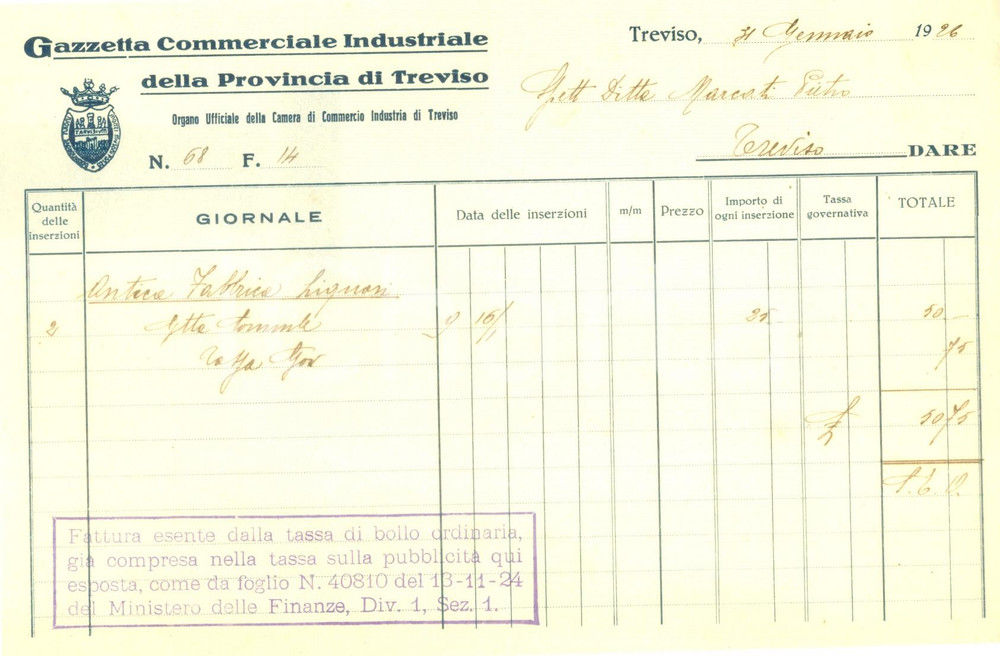 Documento originale, autentico 1926 TREVISO Gazzetta Commerciale Industriale della Provincia Fattura 1