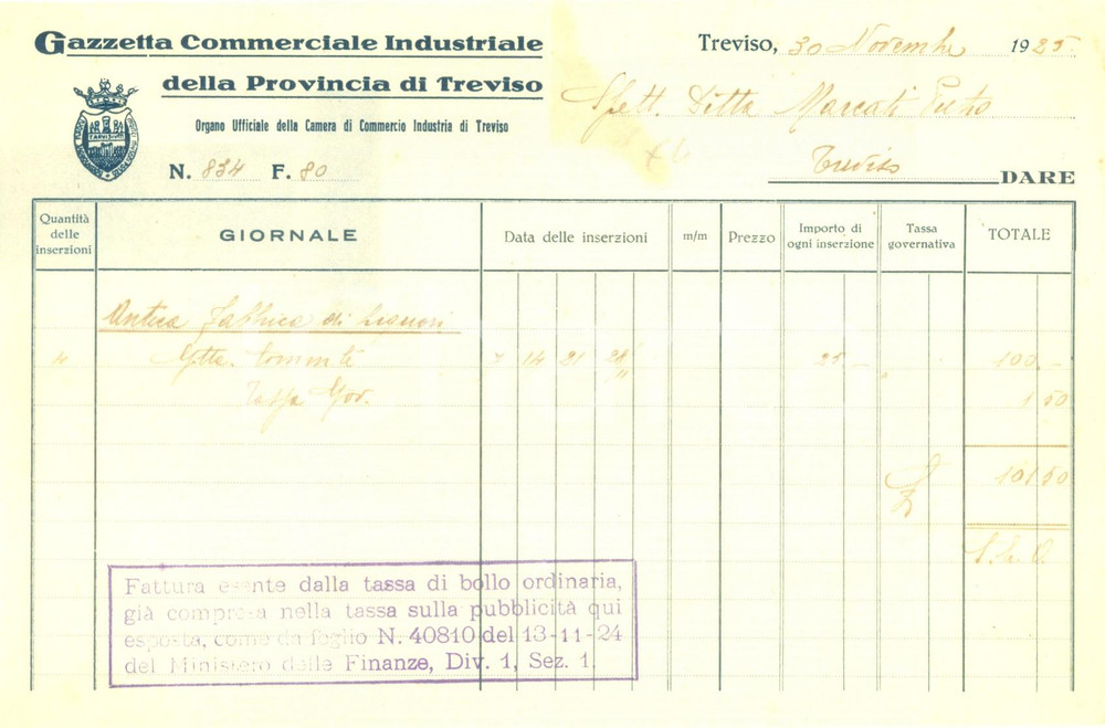 Documento originale, autentico 1925 TREVISO Gazzetta Commerciale Industriale della Provincia Fattura 1