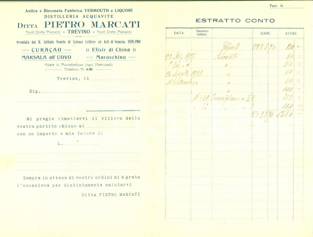Documento originale, autentico 1927 TREVISO Distilleria acquavite Pietro MARCATI Marsala uovo Elixir di China 1