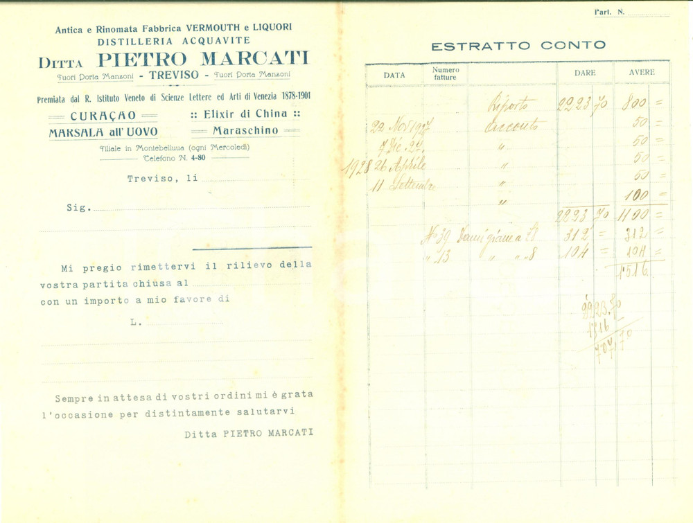 Documento originale, autentico 1927 TREVISO Distilleria acquavite Pietro MARCATI Marsala all uovo Elixir China 1
