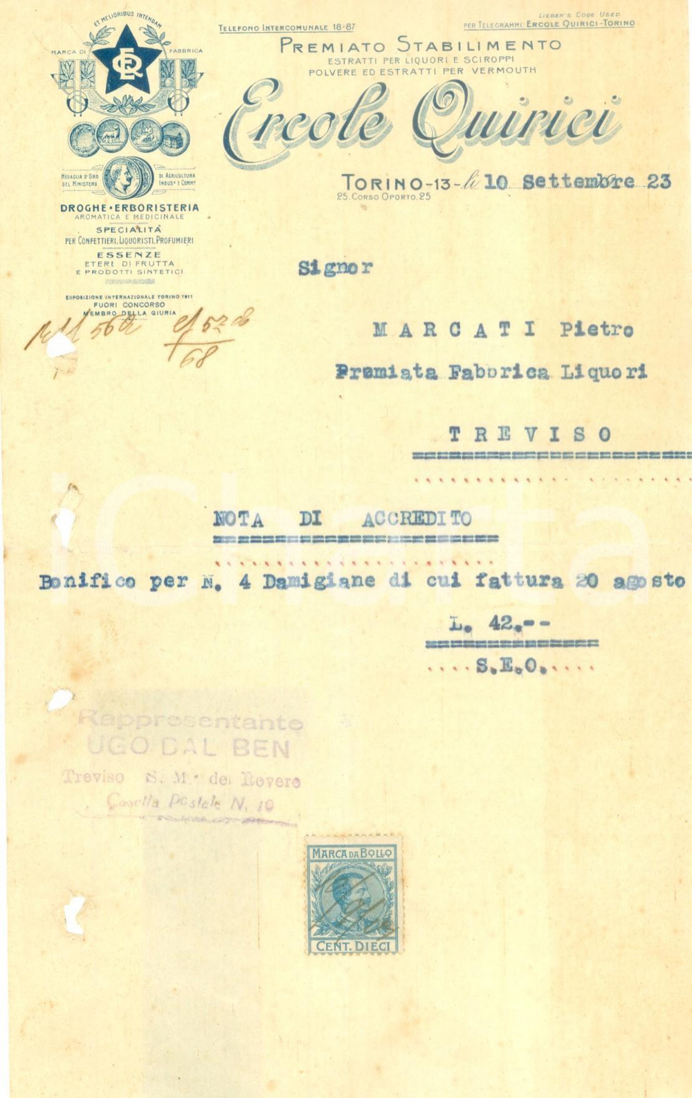 Documento originale, autentico 1923 TORINO Liquori e sciroppi Ercole QUIRICI Lettera commerciale intestata 1