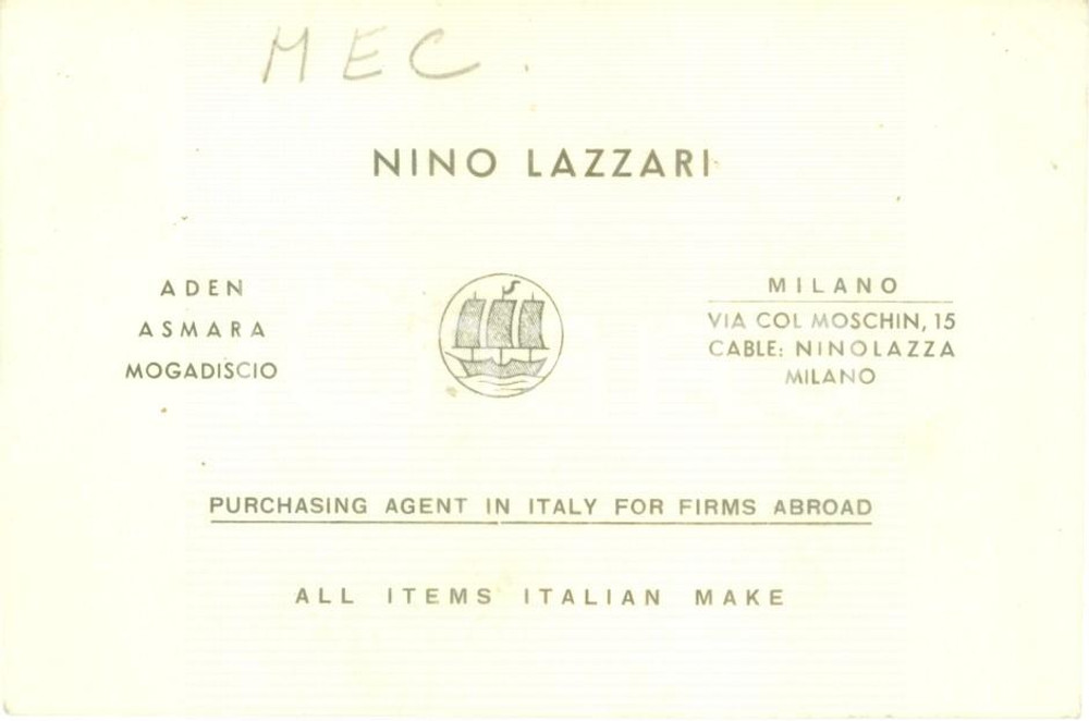 1960 ca MILANO Nino LAZZARI Agente di commercio ADEN ASMARA MOGADISCIO Biglietto