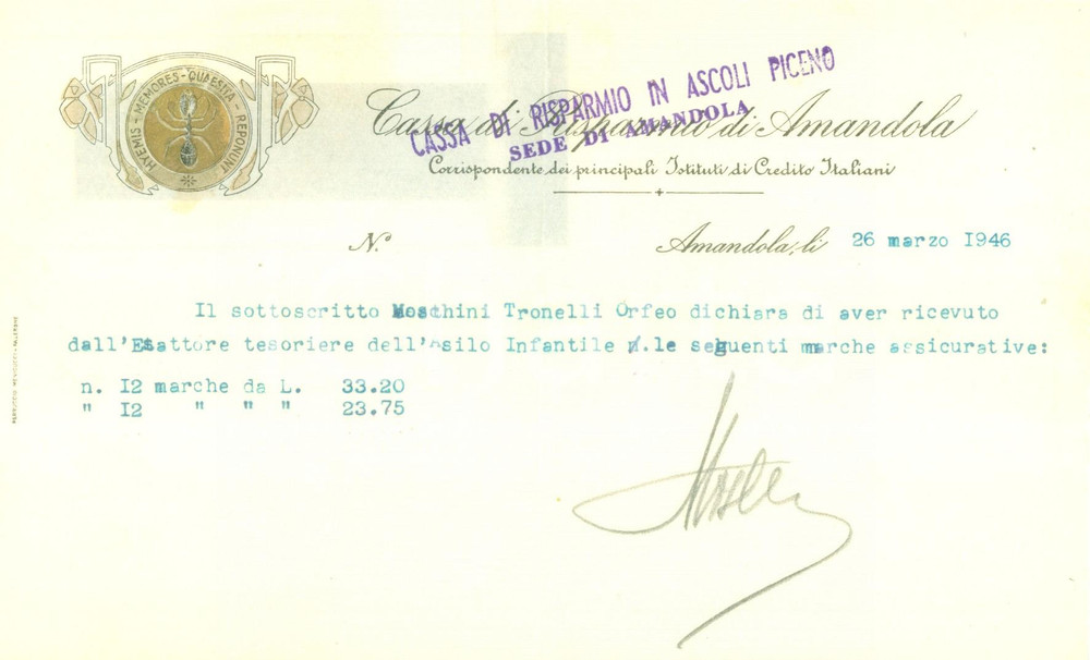 Documento originale, autentico 1946 AMANDOLA FERMO Cassa di Risparmio Ricevuta su carta intestata 1