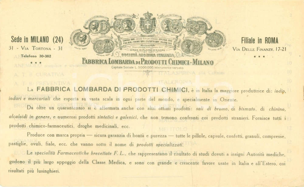 Documento originale, autentico 1920 ca MILANO Fabbrica Lombarda di Prodotti Chimici Opuscolo DANNEGGIATO 1
